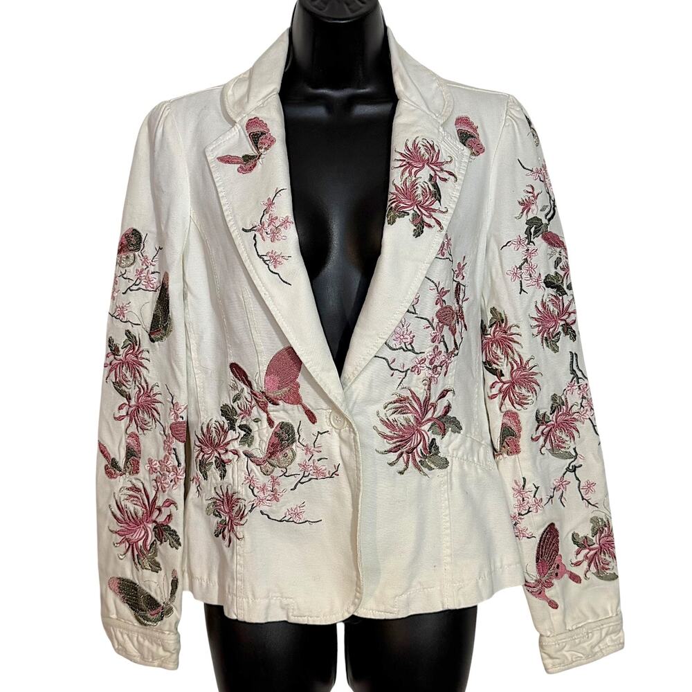 Blue Time Embroidered Blazer M Floral Butterfly Metallic Y2K Fairycore Cottage